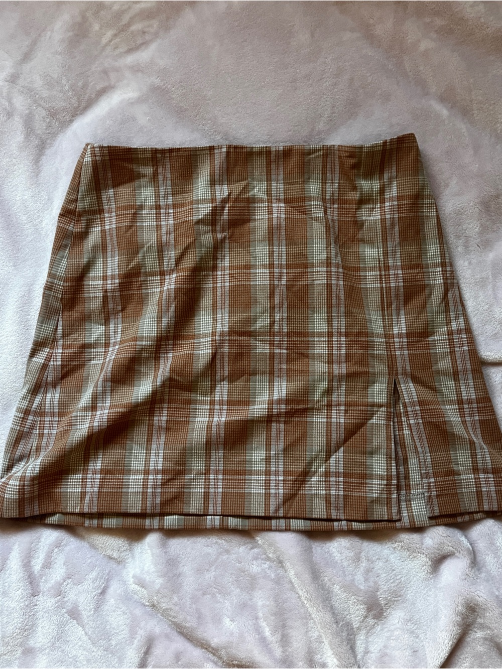 aritzia burnt orange plaid mini skirt